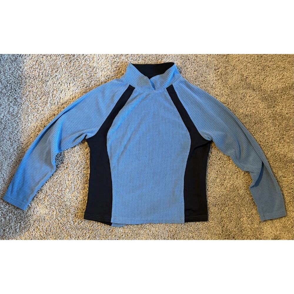 L.L. Bean Mock Neck Sweater Women's Blue Black Grid Knit Pullover - Medium